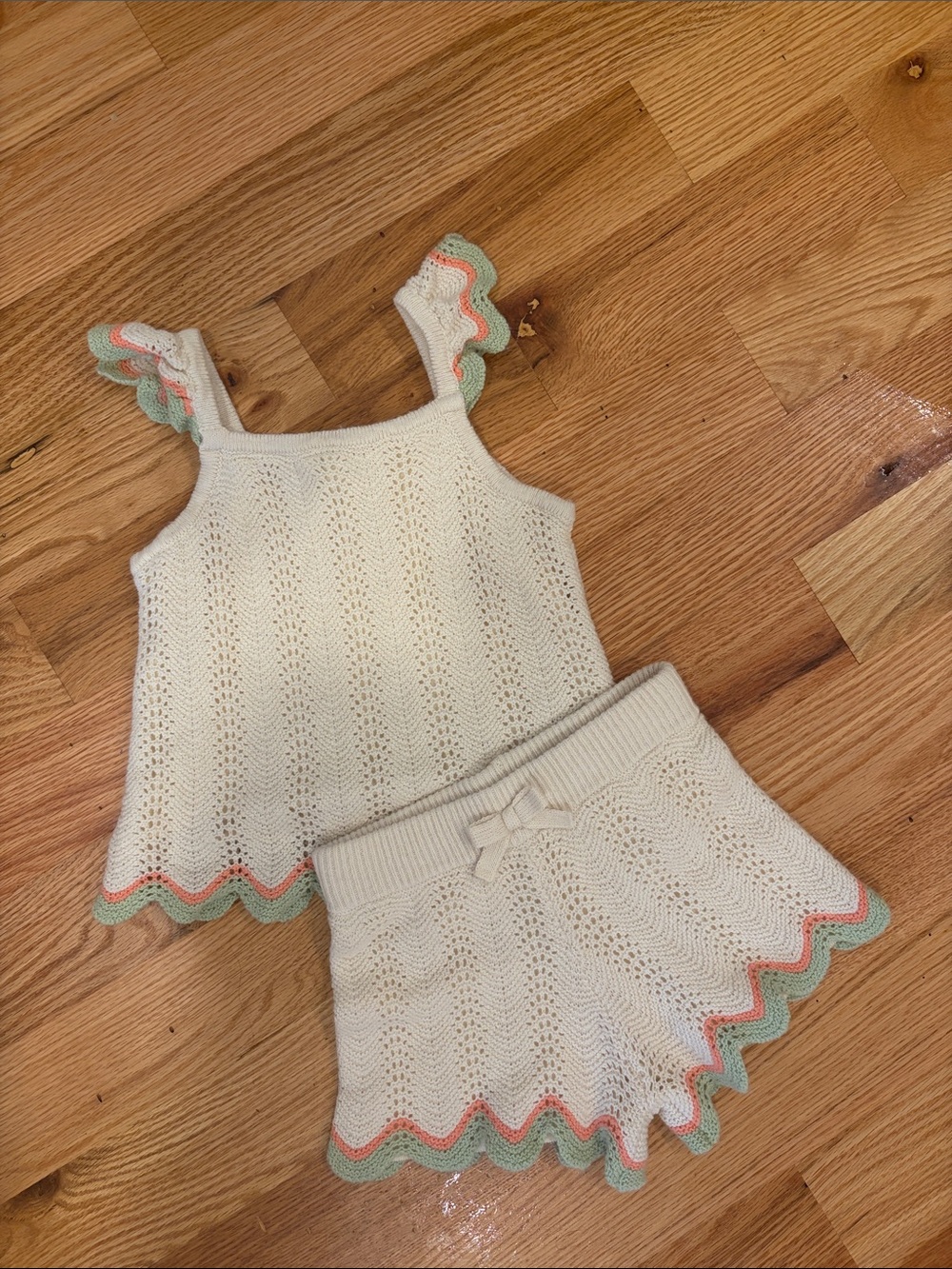 Janie and Jack Cream Knit Tank & Shorts Set with Coral and Mint Trim